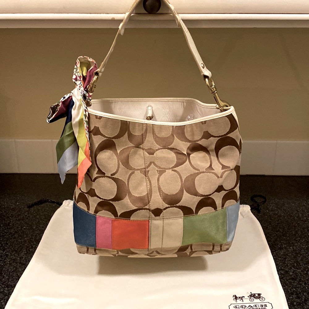 COACH jacquard w/multicolored band at base. Cream patent leather trim.  #10858